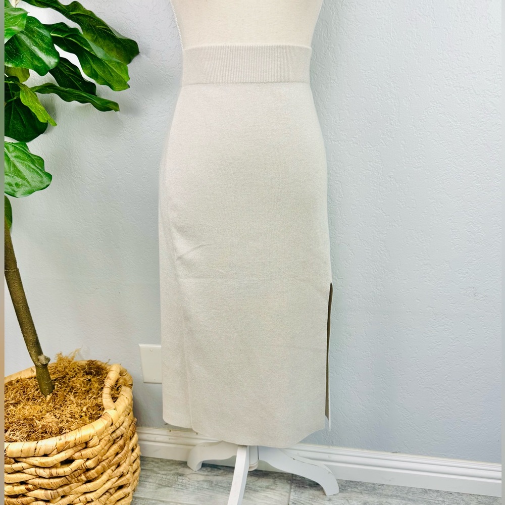 NEW Express Cream Ribbed Knit Side Slit Elegant High Waisted Midi Skirt